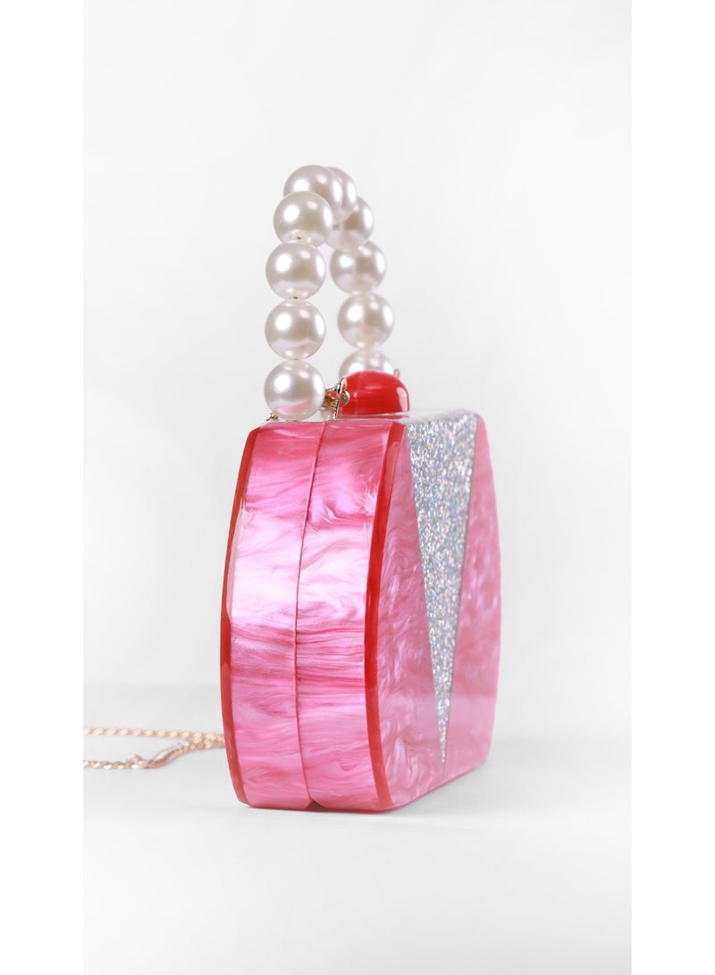 كيفيلي حقيبة كلتش وردية بمقبض لؤلؤي - Image 3